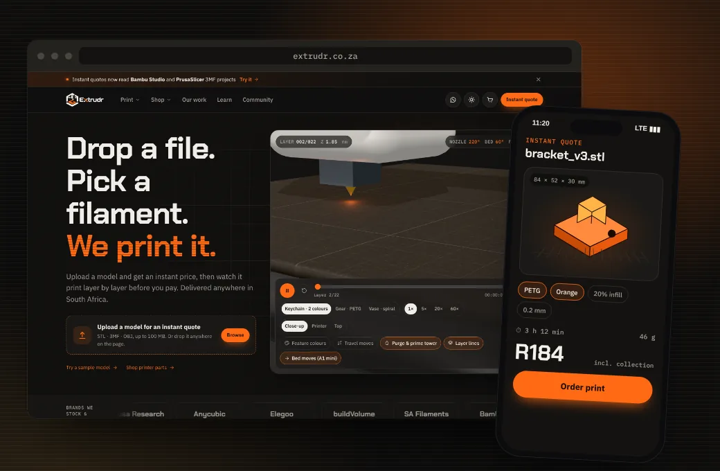 The Extrudr website with its instant quote page, beside the Extrudr app showing a 3D print quote